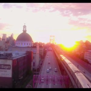 Sunrise drone over downtown Brooklyn NYC